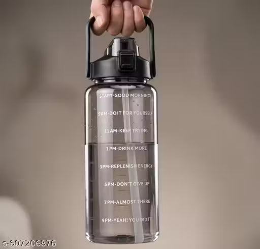 Motivational Water Bottle with Time Marker | 2 Litre BPA-Free Plastic Sports Water Bottle with Straw & Carry Handle for Gym, Office, Travel, School, Fitness & Outdoor Use (Transparent Black)