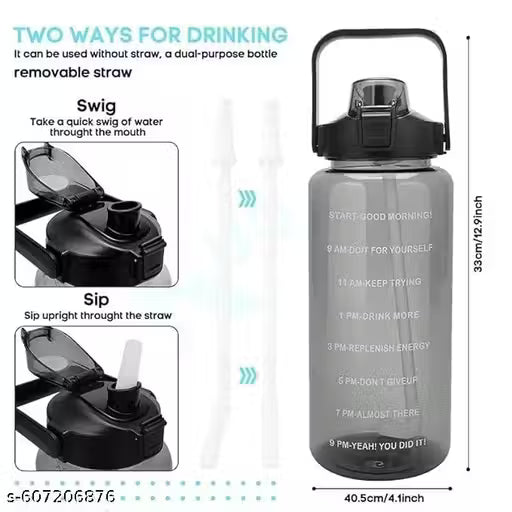 Motivational Water Bottle with Time Marker | 2 Litre BPA-Free Plastic Sports Water Bottle with Straw & Carry Handle for Gym, Office, Travel, School, Fitness & Outdoor Use (Transparent Black)