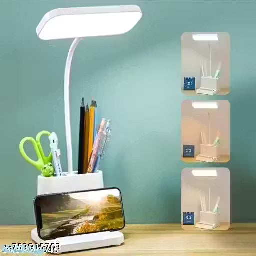 LED Desk Lamp with Pen & Phone Holder – USB Charging Study Lamp with Touch Sensor, Adjustable Brightness, Eye Protection Light & Foldable Table Lamp for Students, Reading & Office